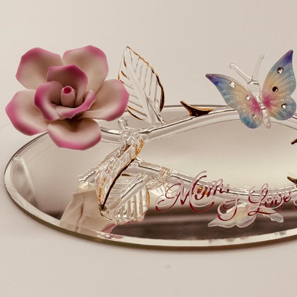 Mom I Love You Glass Rose Butterfly Figurine Mirror Base Gift for Mom Mother’s D